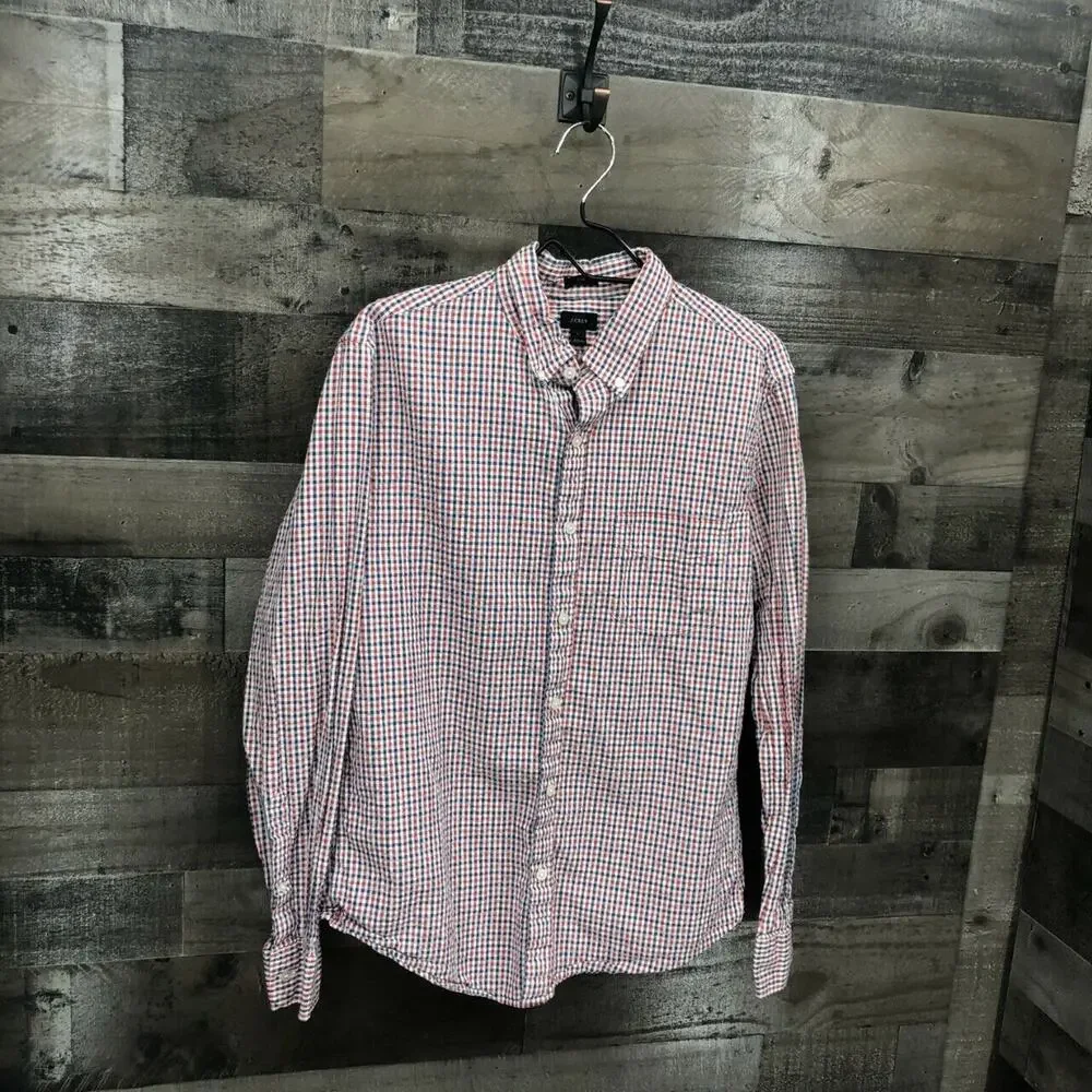 J Crew Men's Slim Fit Button Down Gingham Plaid Shirt Sz LG Red Blue 100% Cotton
